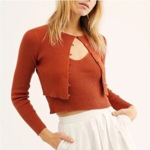 Free People FP One Skinny Sweater Ribbed Cropped Cardigan Burnt Orange Sz Small
